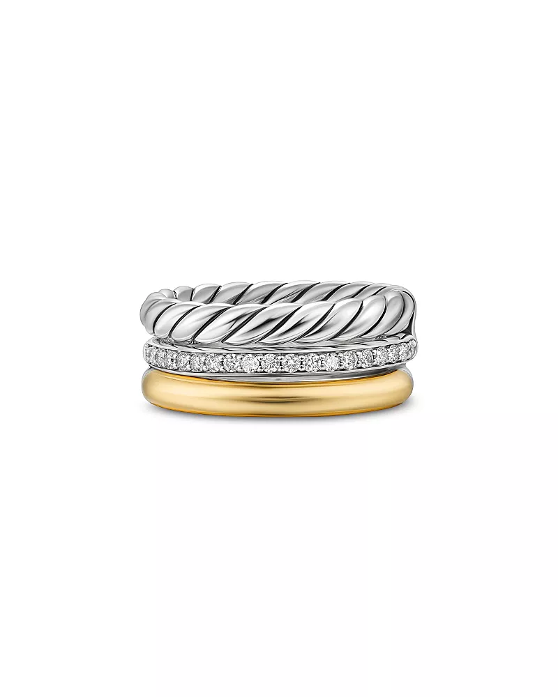 Dy Mercer Three Row Ring in Sterling Silver with 18K Yellow Gold and Diamonds, 8.9mm