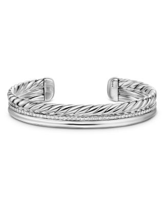 Three Row Cuff Bracelet in Sterling Silver with Diamonds, 10mm