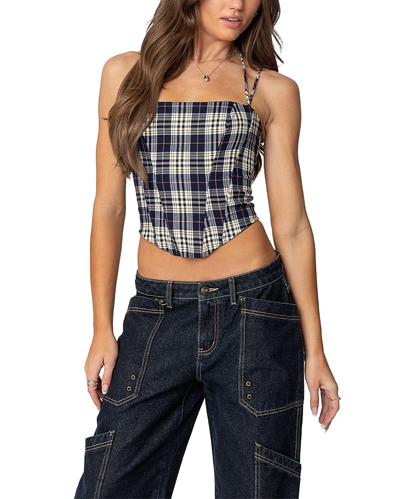 Edikted Leon Plaid Lace-up Corset Top In Navy