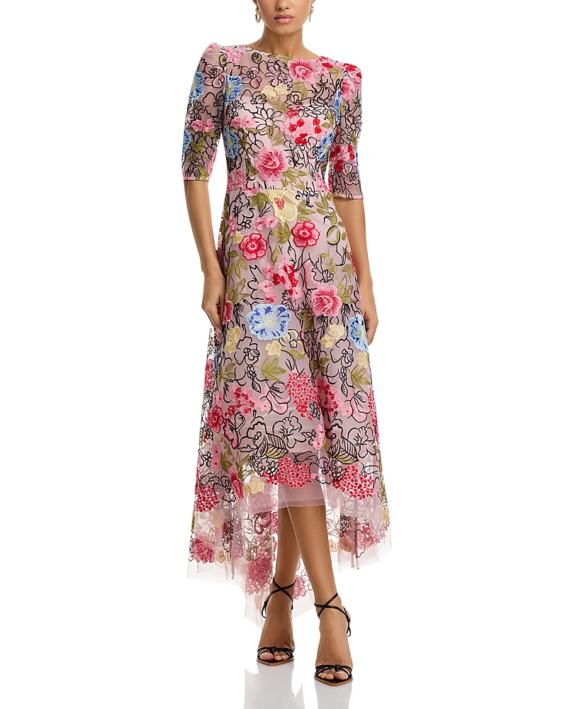Teri Jon By Rickie Freeman Embroidered Floral High Low Fit And Flare Dress In Pink Multi