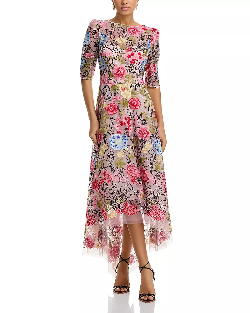 Teri Jon by Rickie Freeman Embroidered Floral High Low Fit and Flare Dress