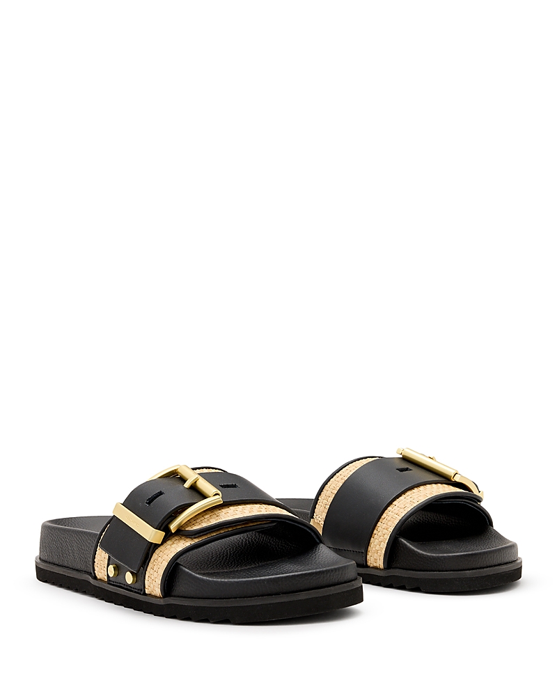 Allsaints Ellie Studded Buckle Leather Sliders In Natural/black