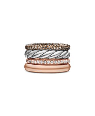 DY Mercer Melange Multi Row Ring in Sterling Silver with 18K Rose Gold and Pav&eacute; Cognac Diamonds