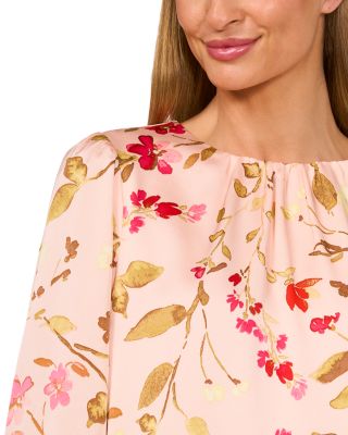 Printed Smocked Cuff Crewneck Blouse