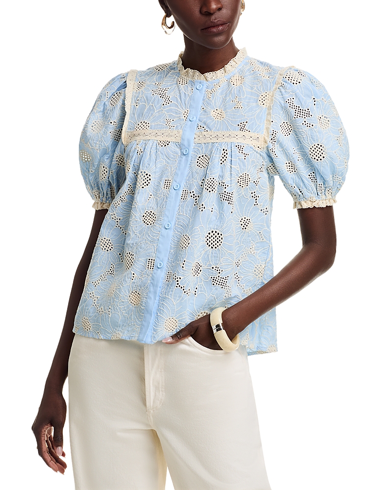 Stellah Lace Trim Eyelet Blouse In Sky