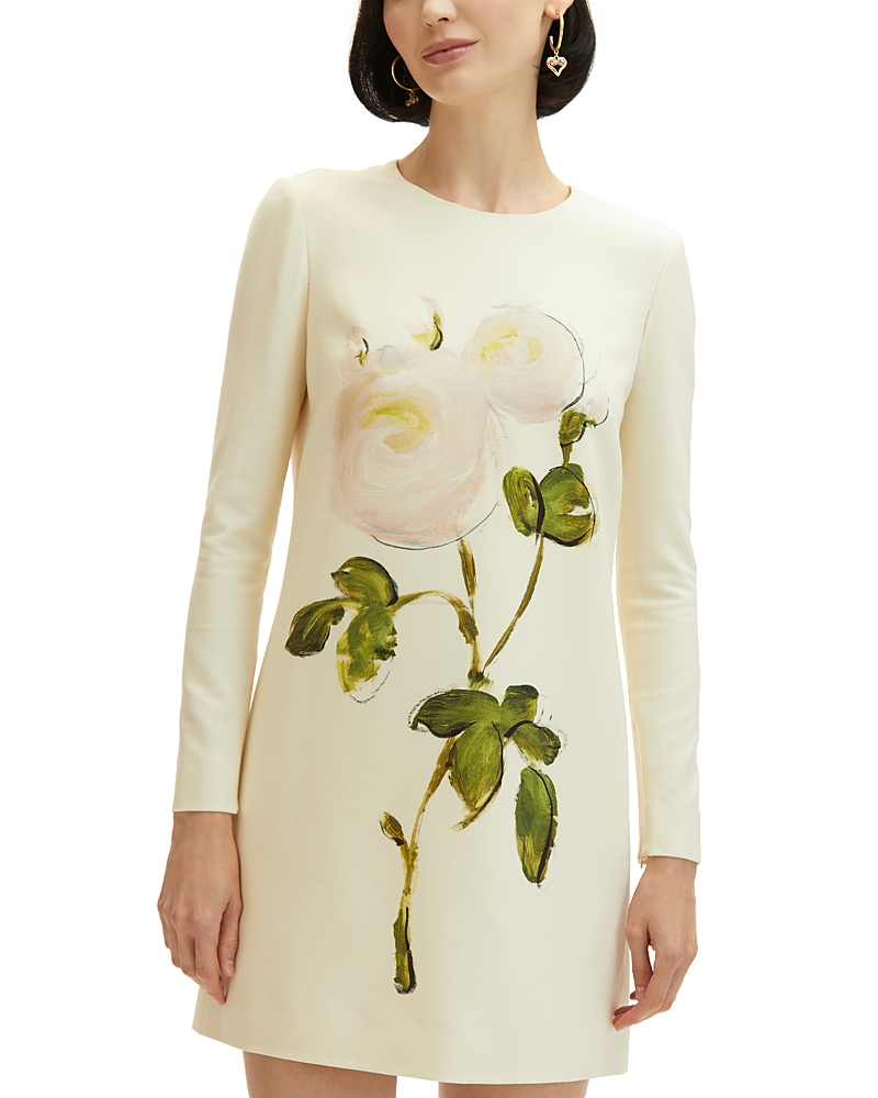 Oscar De La Renta Painted Rose Long Sleeve Wool Blend Shift Dress In White/ivory