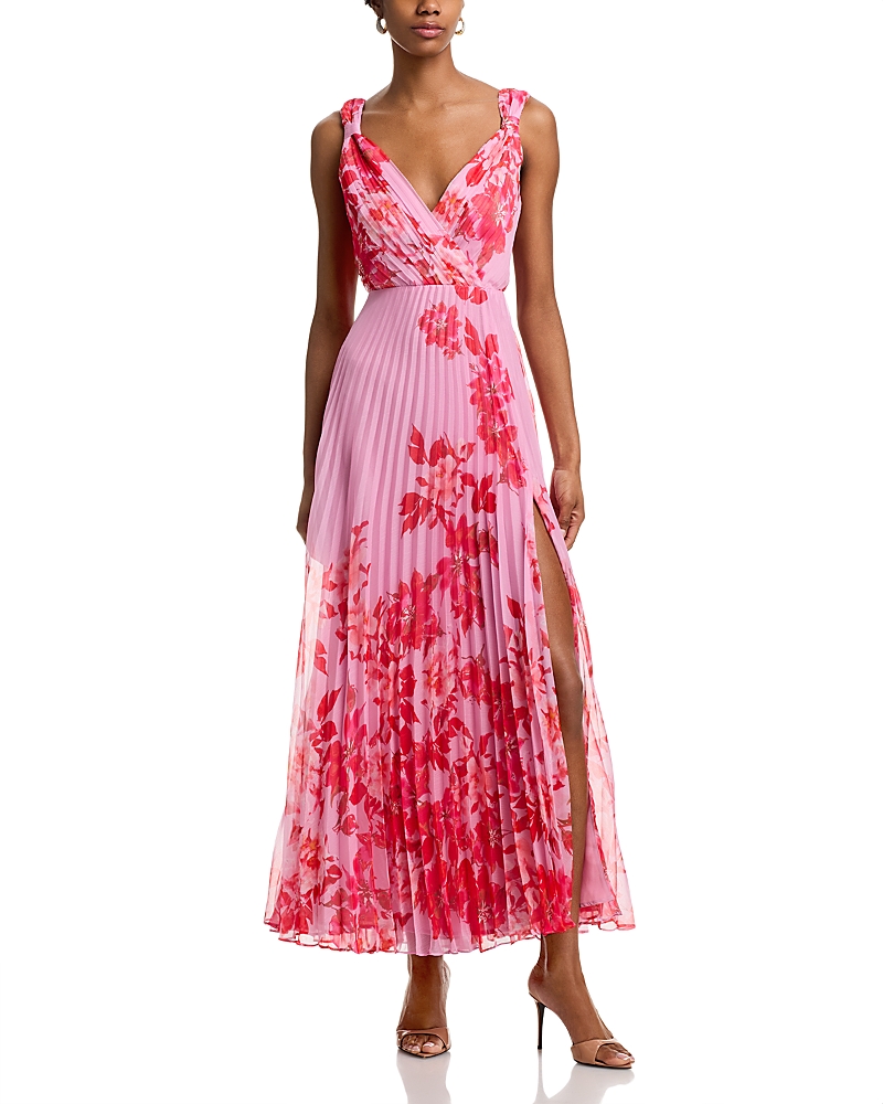 AQUA PLEATED FLORAL DRESS - EXCLUSIVE
