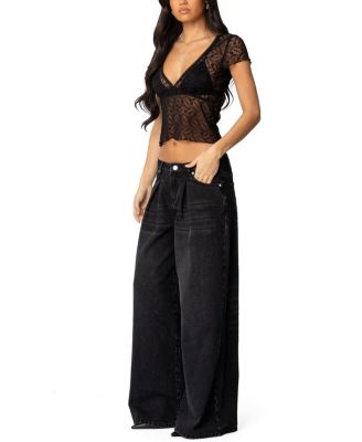 Pleated Detail Low Rise Jeans in Black