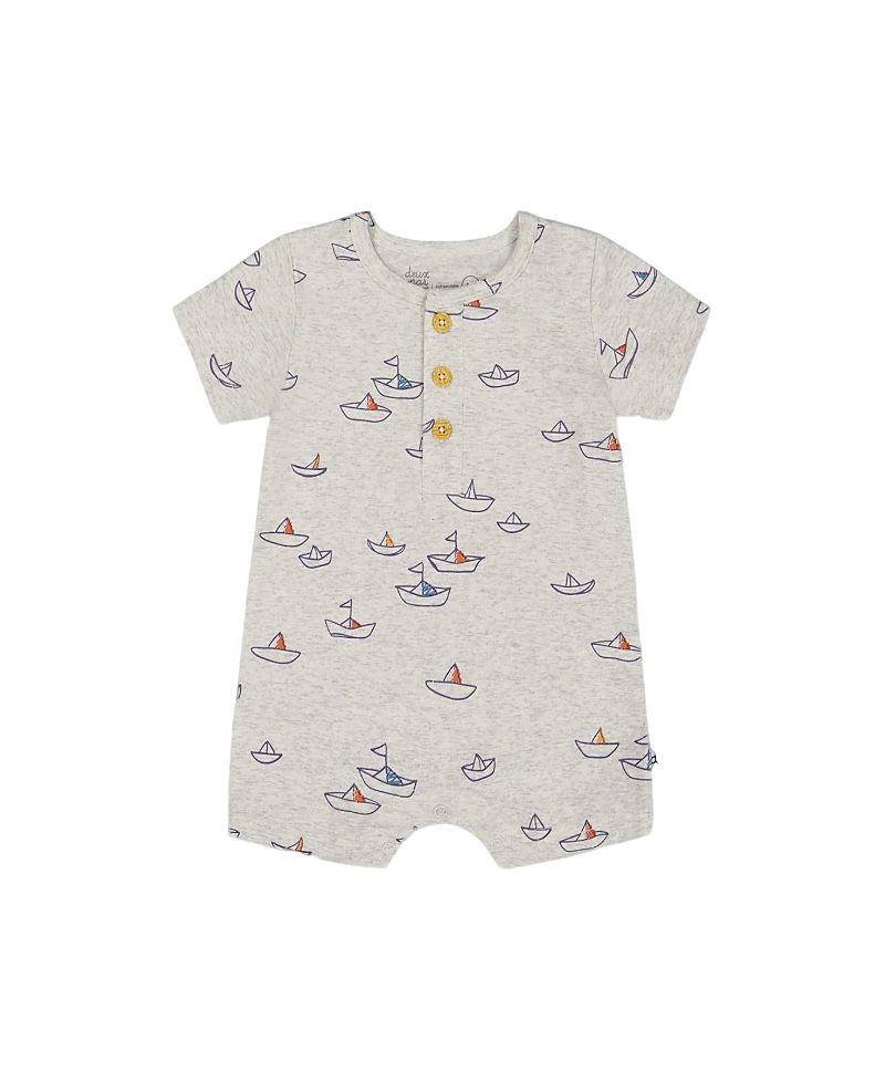 Deux Par Deux Boys' Organic Cotton Printed One-piece Romper - Baby In Heather Grey With Little Paper Boat