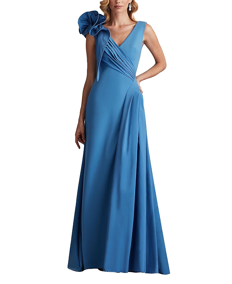 Tadashi Shoji Sleeveless Draped Ruffle Crepe Gown In Blue