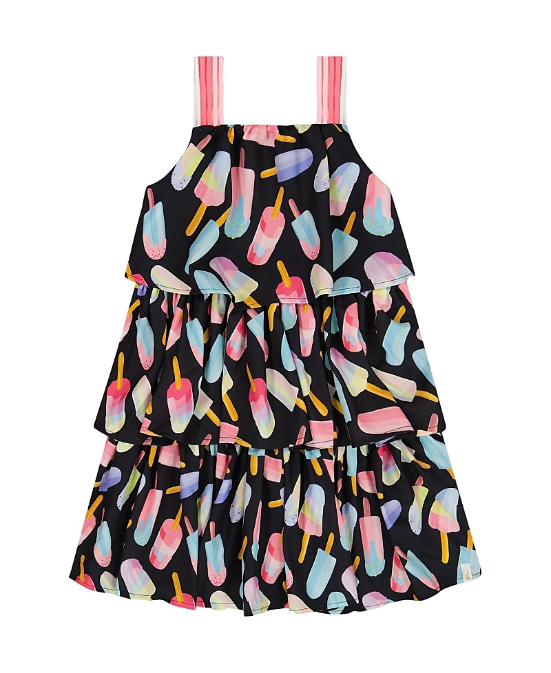Deux Par Deux Girls' Printed Tiered Ice Lollipops Dress - Little Kid In Ice Lollipops And Black