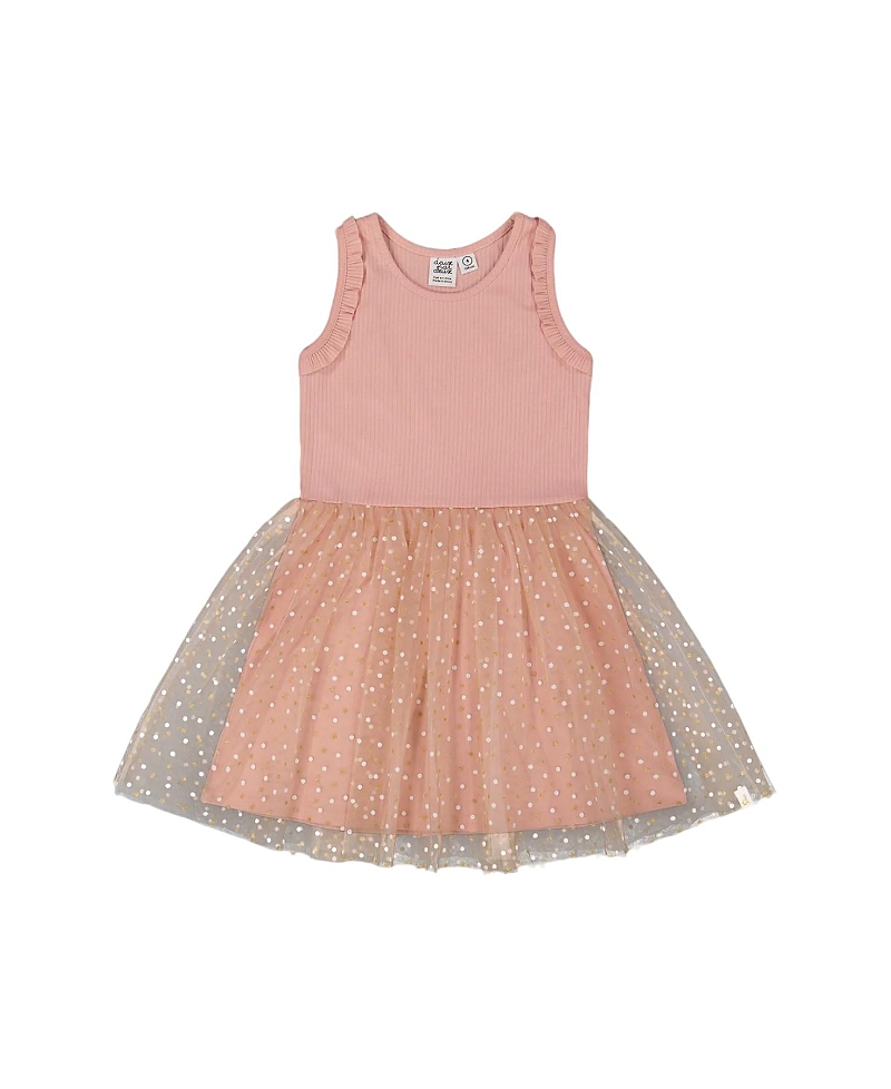 Deux Par Deux Girls' Bi-material Dress With Printed Dots On Mesh Skirt Warm - Big Kid In Warm Old Pink