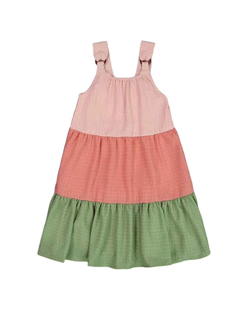Deux Par Deux Girl's Tiered Color Block Peasant Dress Peach Pink And Green In Peach Pink And Green