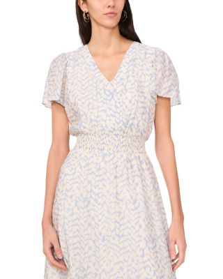 Printed V Neck Flutter Sleeve Dress