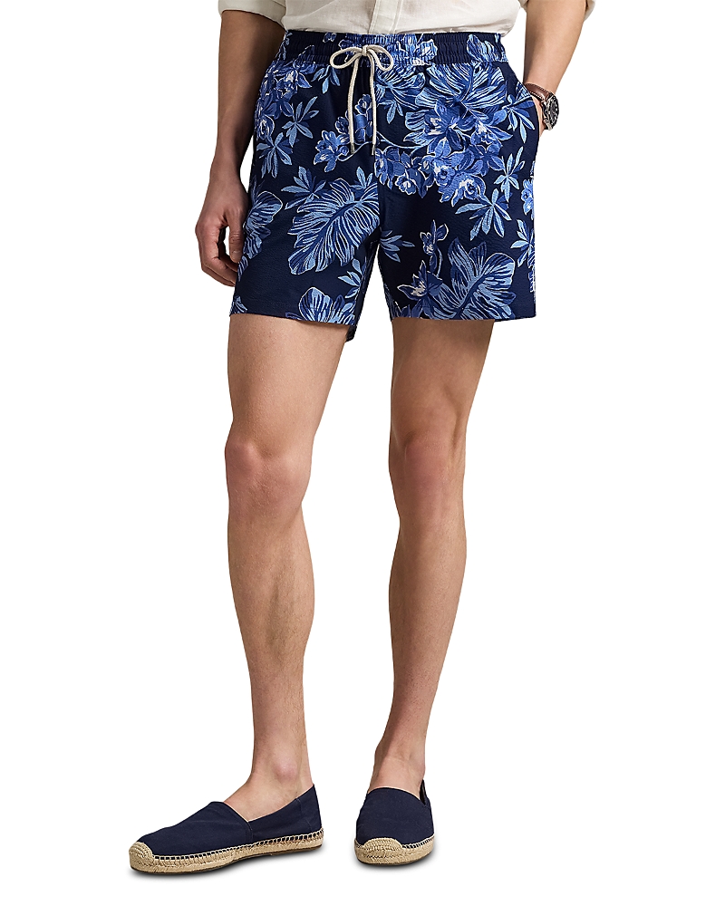 Polo Ralph Lauren Traveler Straight-leg Mid-length Floral-print Seersucker Swim Shorts In Blue Tropical