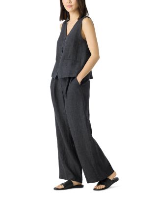 Washed Linen D&amp;eacute;lav&amp;eacute; Pleated Wide Leg Pants