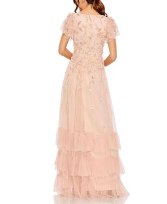 Ruffle Tiered Embellished Faux Wrap Flutter Sleeve