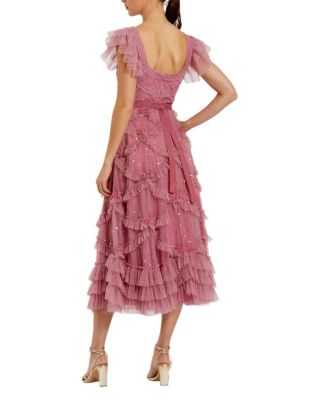 Dot Net Sequin Ruffle Sweetheart Neck Midi Dress