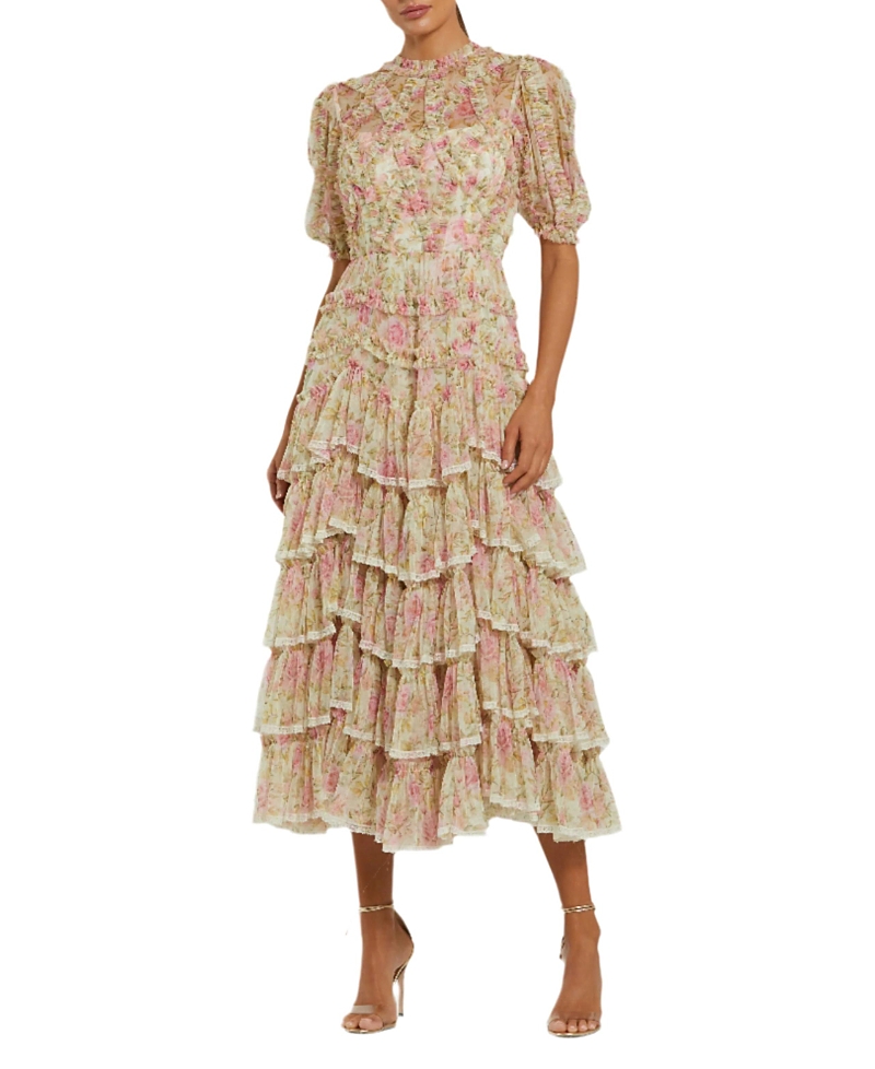 Mac Duggal Lace Trim Printed Mesh High Neck Midi Dress In Ivory Multi