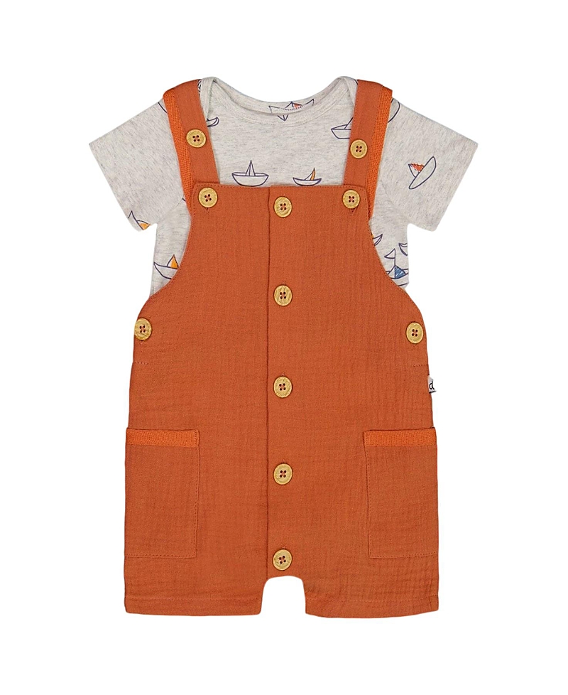 Deux Par Deux Boys' Printed Organic Cotton Onesie And Muslin Shortall Set - Baby In Terracotta And Small Boat