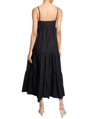 Itzel Sleeveless Multi-Tier Midi Dress with Shoulder Straps and Side Pockets in Cotton Poplin
