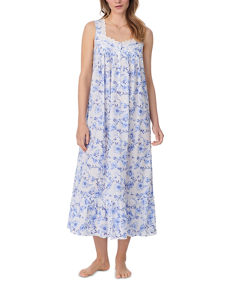 Eileen West Long Floral Ballet Nightgown In White/blue Floral