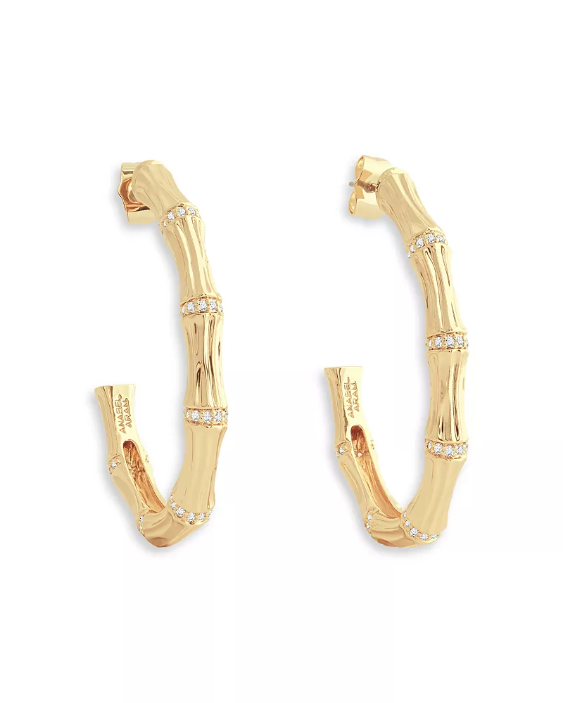 Anabel Aram Pave Bamboo Single Hoop Earring in 18K Gold Plated