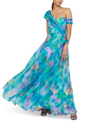 Davina Printed Pleated Asymmetric Gown