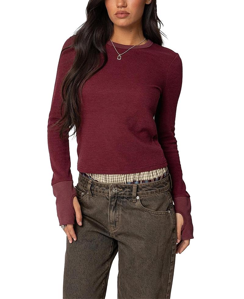 Edikted Waffle Long Sleeve T-shirt In Burgundy