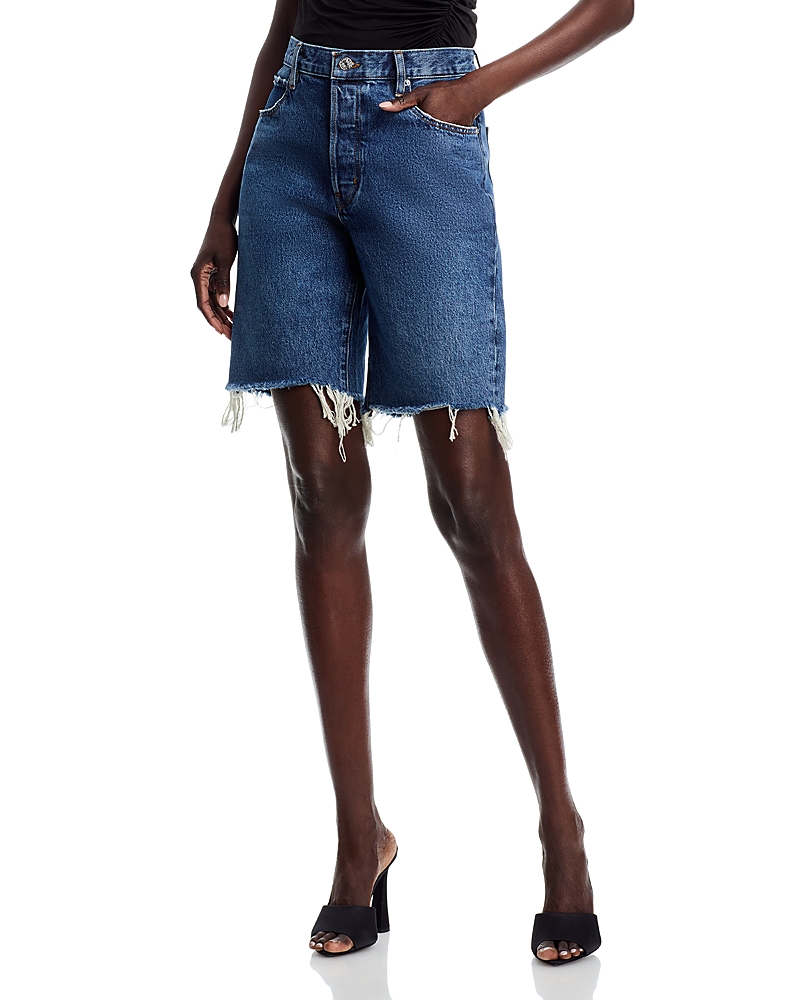 Frame The Leisure Mid Rise Denim Shorts In Metallic