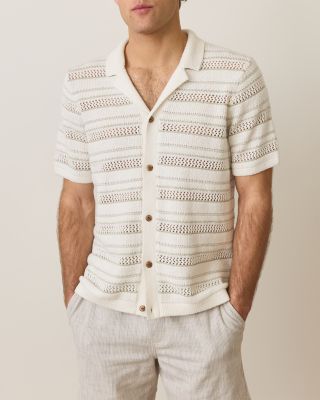 Open Knit Striped Short Sleeve Button Up