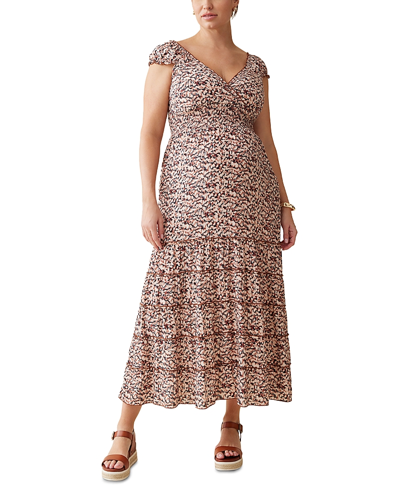 Ingrid & Isabel Maternity Cap Sleeve Maxi Dress In Brown-navy Abstract