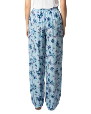 Pin Sunset Palm Mist Print Silk Pants 