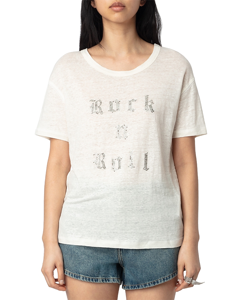 Zadig & Voltaire Womens Ecru Crystal-embellished Short-sleeved Linen T-shirt In Ecru