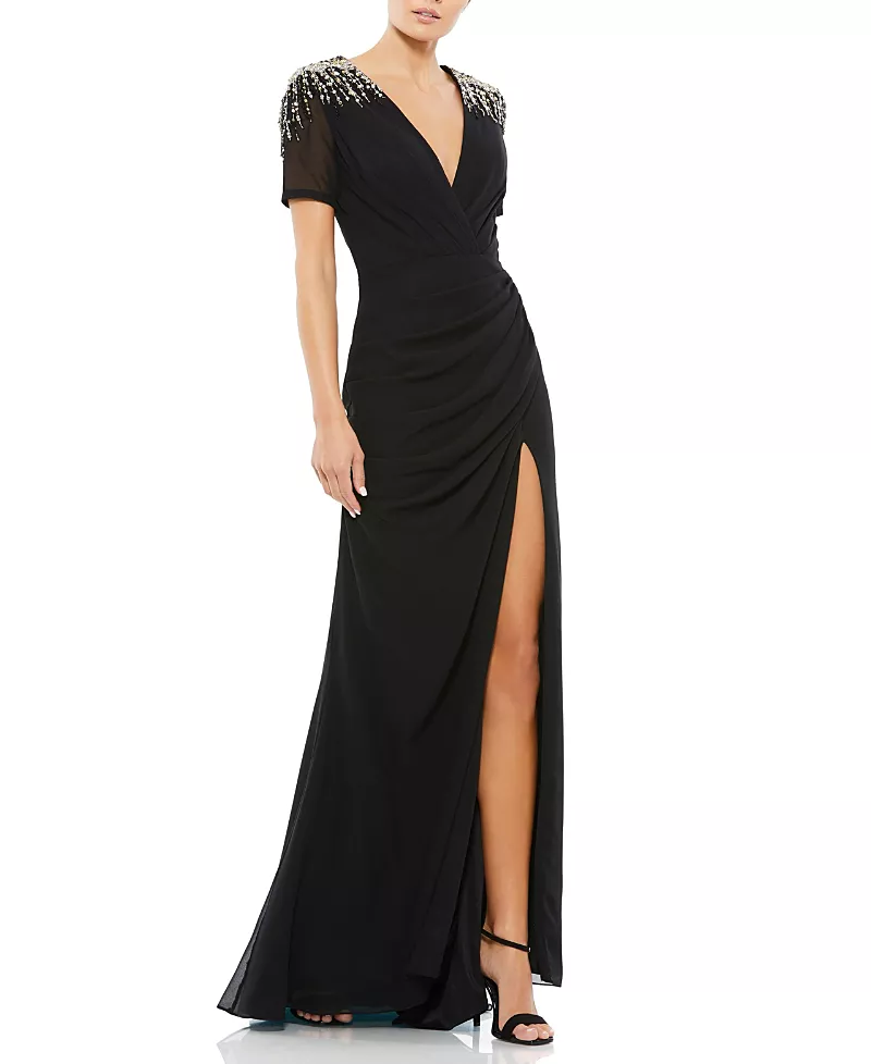 Mac Duggal Sequined Embellished Shoulder Evening Gown