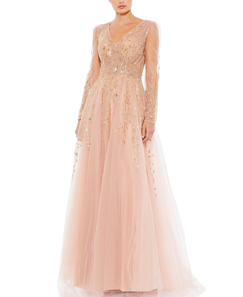 Mac Duggal Embellished V Neck Long Sleeve A Line Gown In Pink Champagne