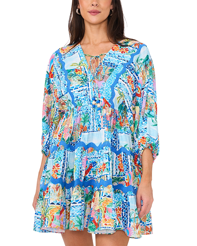 VINCE CAMUTO PRINTED TIE FRONT THREE TIER MINI DRESS