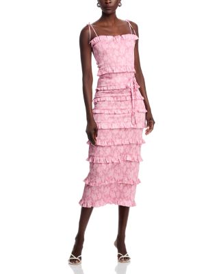 Lily Smocked Floral Print Ruffle Trim Midi Dress