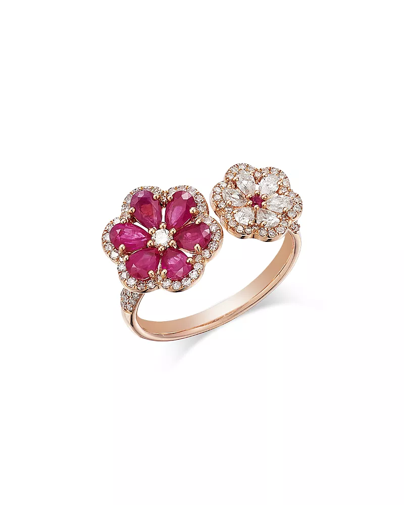 Bloomingdale's Fine Collection Ruby & Diamond Flower Cuff Ring in 14K Rose Gold