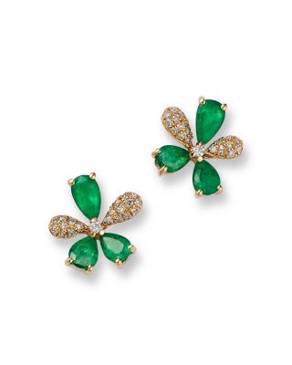 Bloomingdale's Fine Collection - Emerald & Diamond Flower Stud Earrings in 14K Yellow Gold