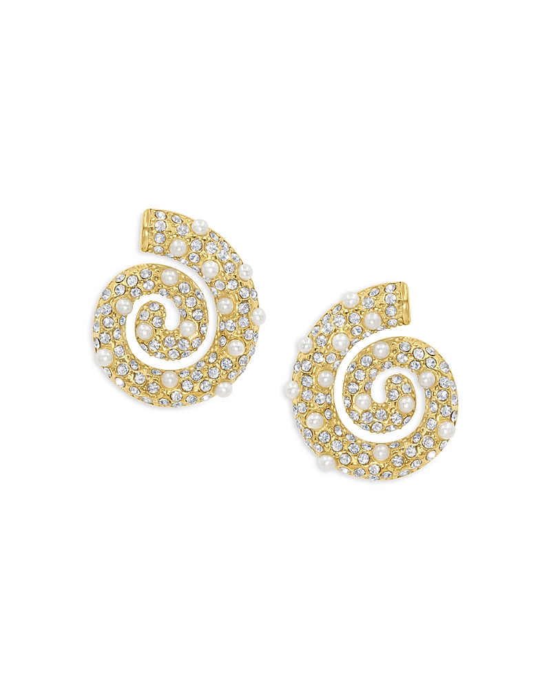 Jackie Mack Designs Pave & Imitation Pearl Swirl Drop Earrings In 18k Gold Plated Stainless Steel In Gold