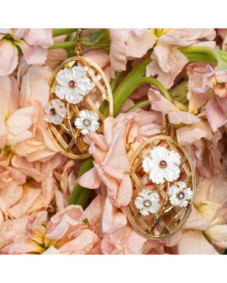 Villandry Dyed Jade & Mother Of Pearl Flower Lattice Drop Earrings in 18K Gold Plated