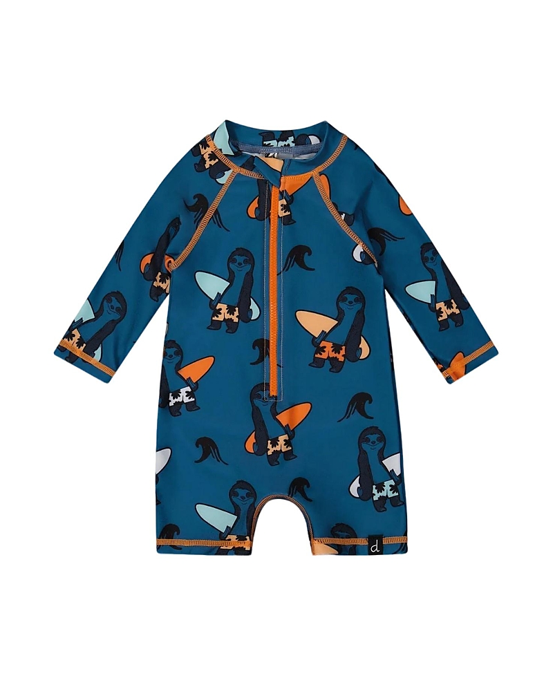 Deux Par Deux Boys' Printed Long Sleeve One-piece Rashguard- Baby In Orange Sloths On Navy Blue