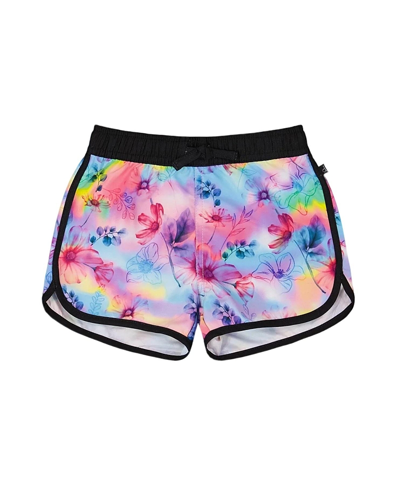 Deux Par Deux Girl's Printed Swim Shorts Butterflies On Multicolored And Black Background In Multicolor