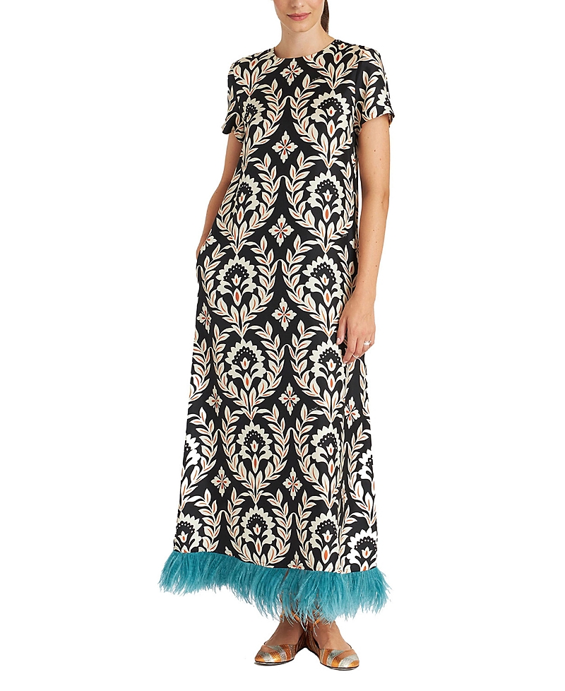La Doublej Short-sleeve Swing Dress With Feathers In Ghirlanda Black