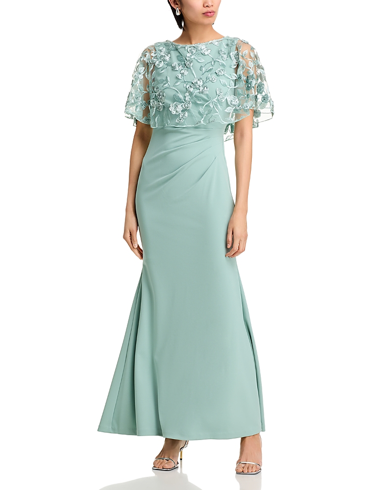 Eliza J Sleeveless Gown With Embroidered Cape Overlay In Sage