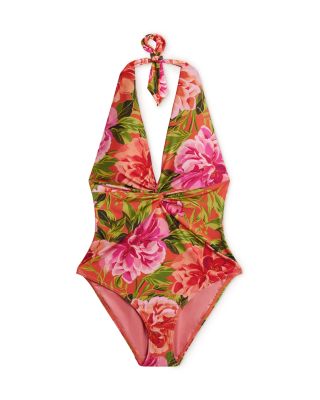 Abygal Twist Detail Plunge Halter Neck One Piece Swimsuit