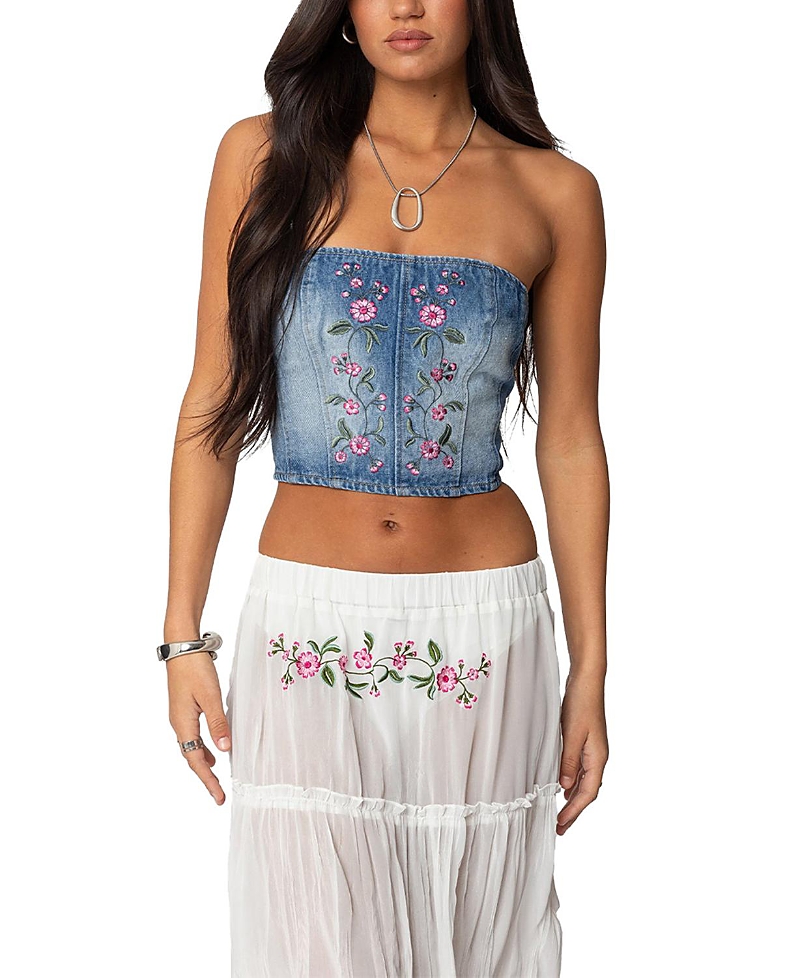 Edikted Tula Floral Embroidered Strapless Denim Corset Top In Blue