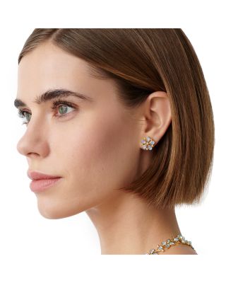 18K Yellow Gold FJ Blue Moonstone & Diamond Luna Flower Stud Earrings