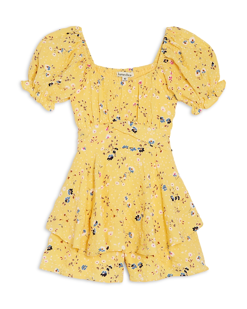 Charmed Hearts Girls' Floral Crepe Ruffled Romper - Big Kid In Yellow/blue